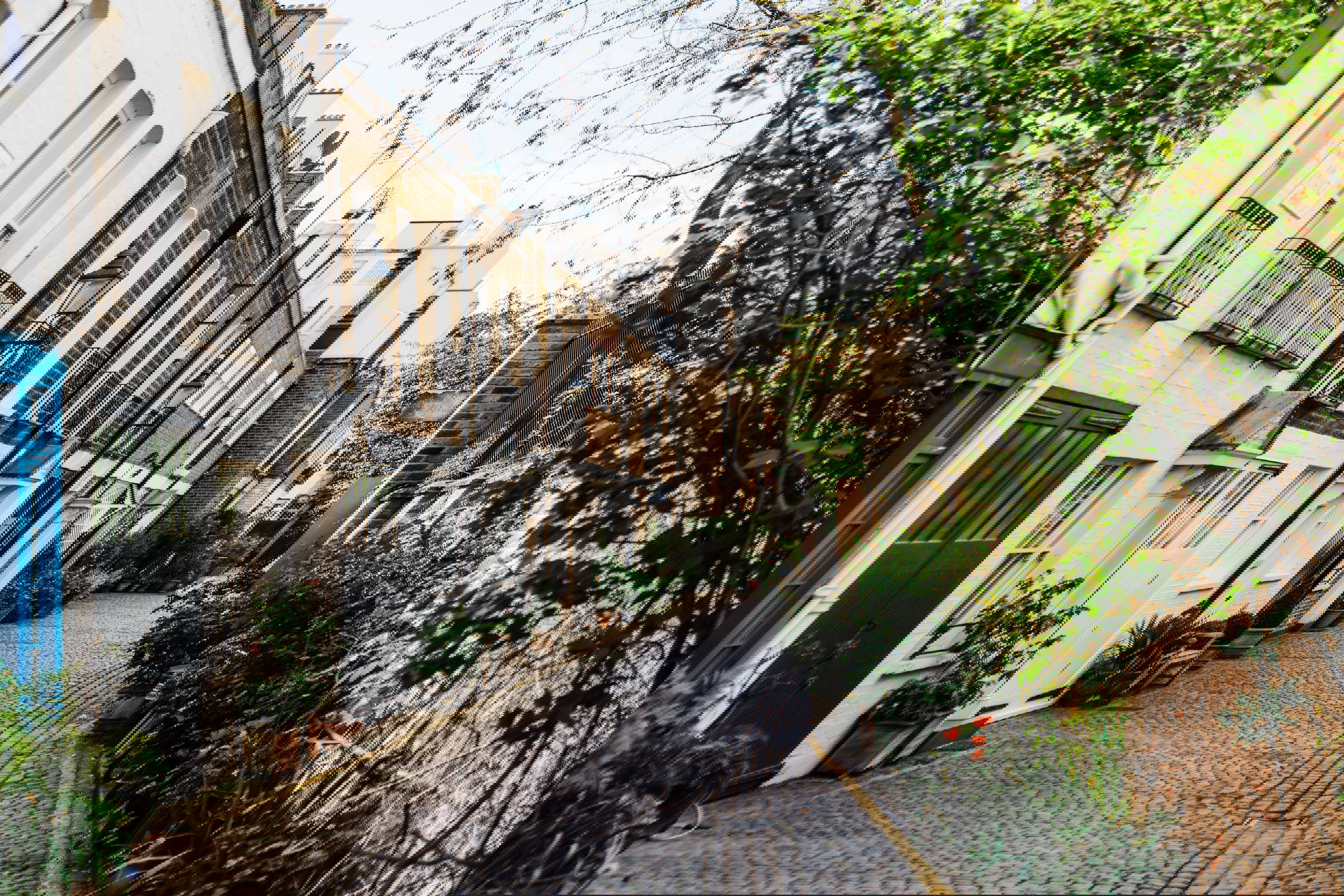 A small mews in Chelsea, with cobbled streets and pot plants outside front doors.